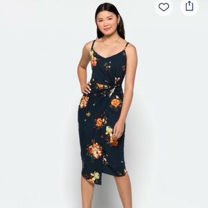 Floral V-Neck Navy Slip Dress with Spaghetti Straps